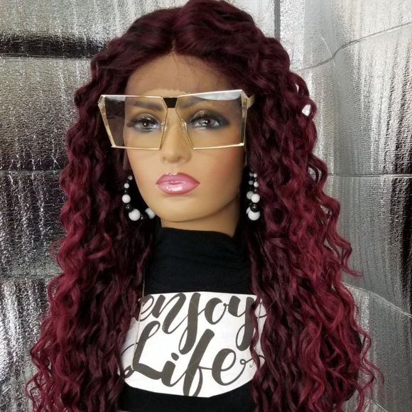 burgundy 30 inches water wave lace front wig main image 6